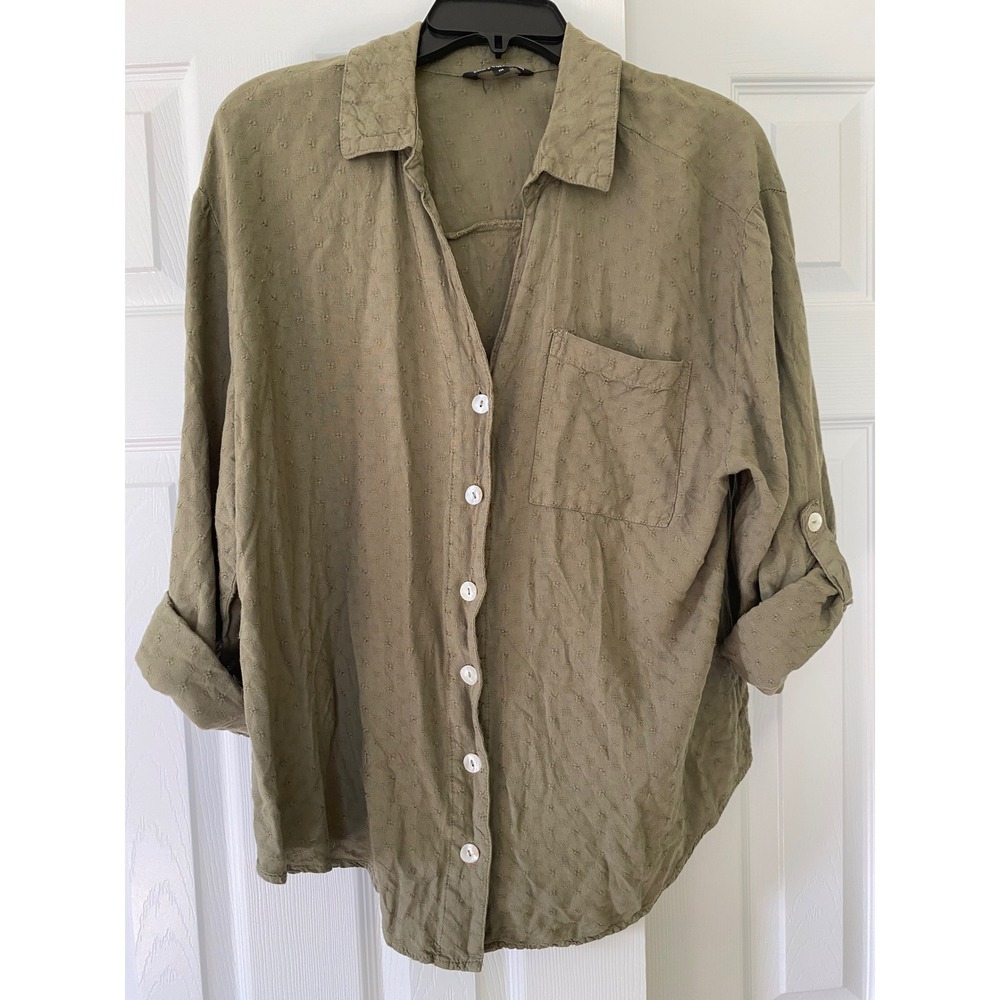 Club Z Collection Button Down Shirt Womens 1X Olive Green Roll Tab Boho Top